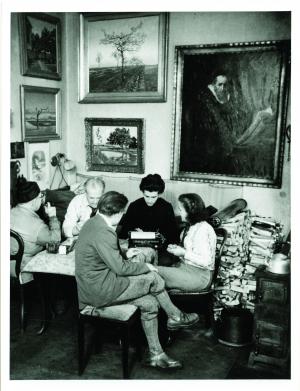 The Ende family in the living room, Michael Ende with his typewriter